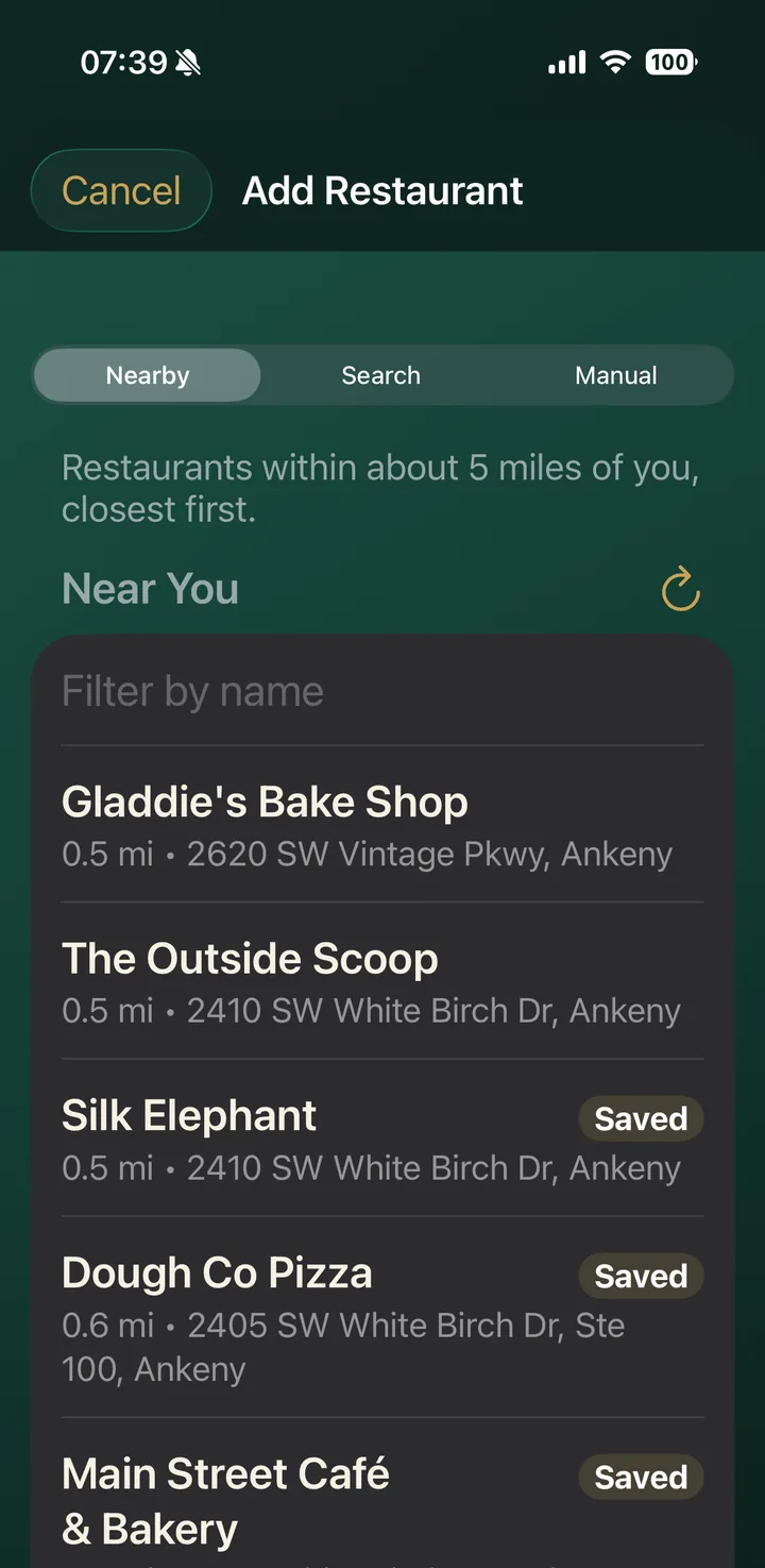 Add Restaurant screen listing nearby restaurants, closest first, with saved places marked