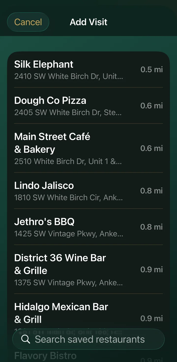 Add Visit screen listing saved restaurants sorted by distance