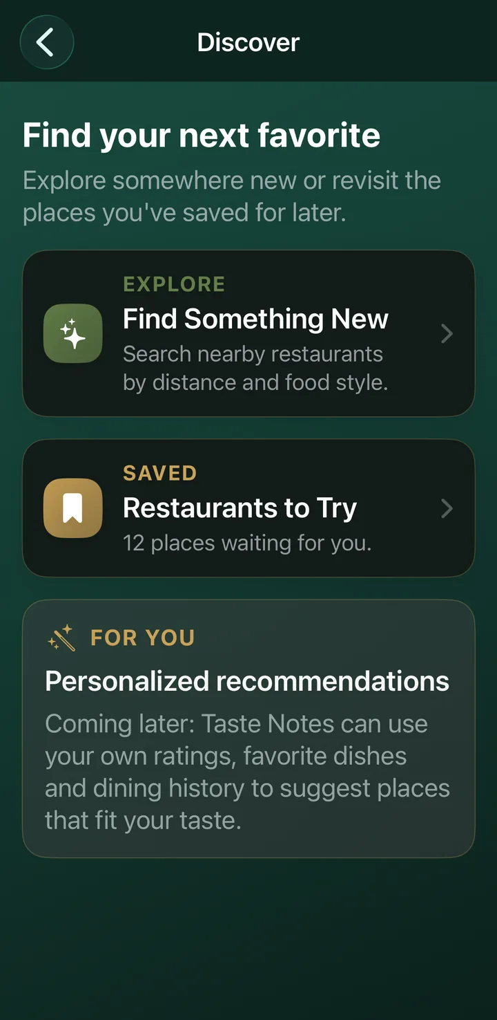 Discover screen with Find Something New and Restaurants to Try
