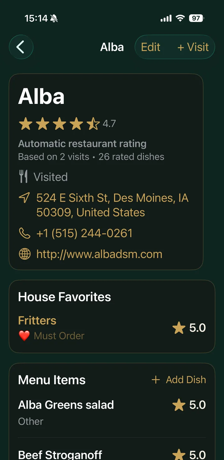 Taste Notes restaurant page for Alba, showing a 4.7 automatic rating, House Favorites and menu items