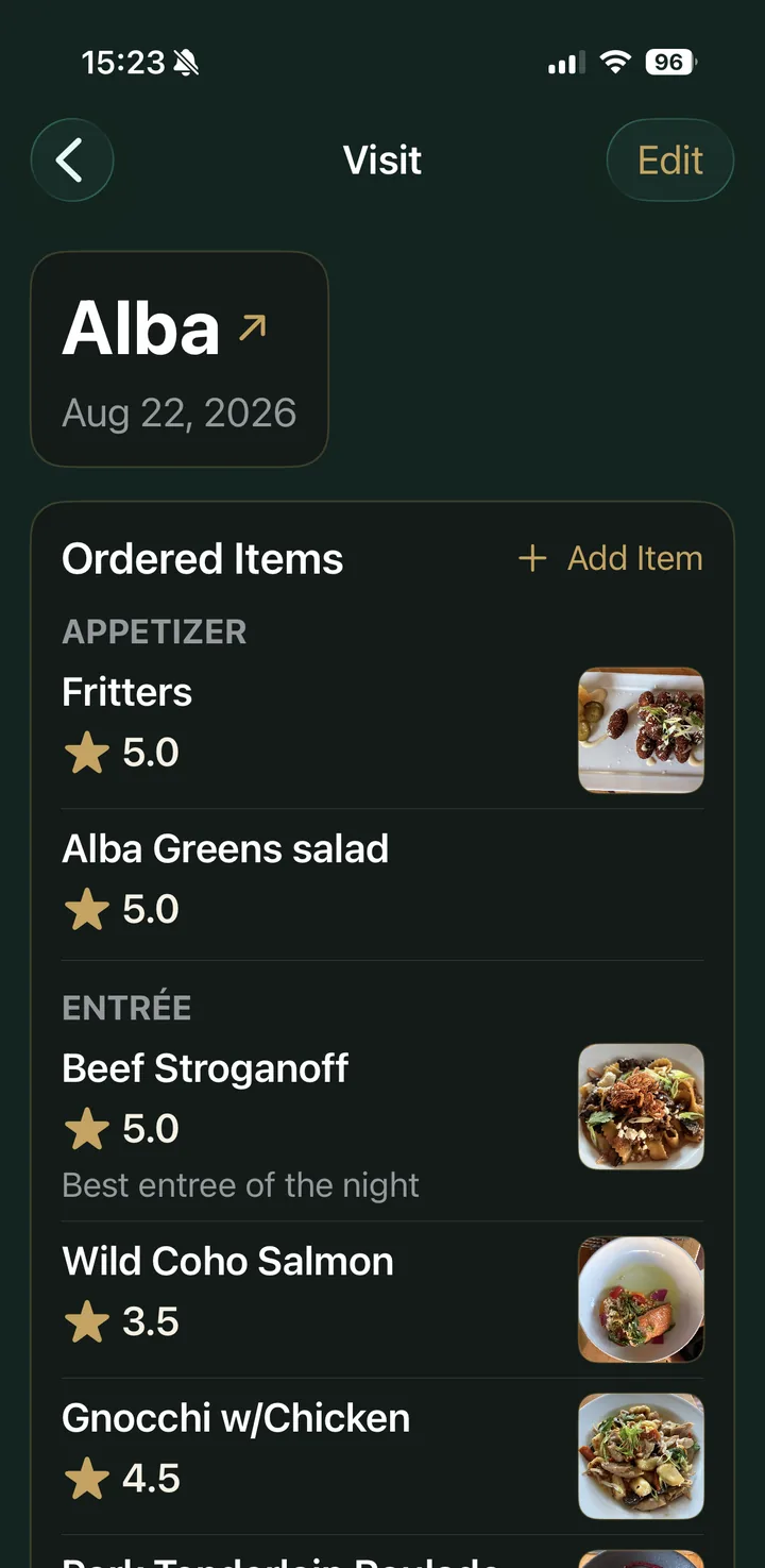 Visit screen with ordered items, photos and star ratings